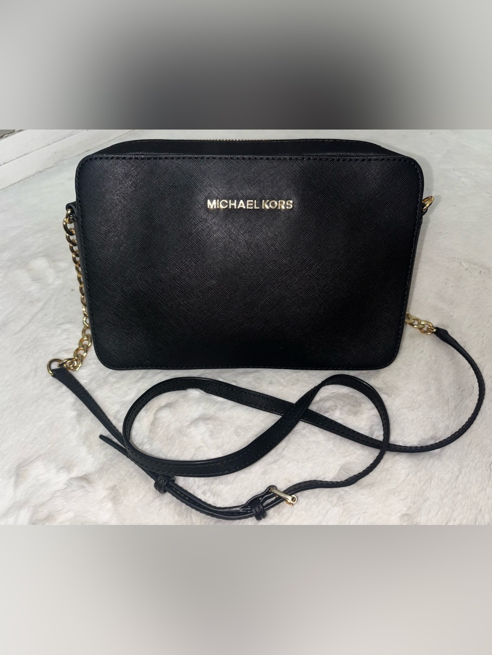 Michael Kors Black Saffiano Leather Crossbody with Gold Logo